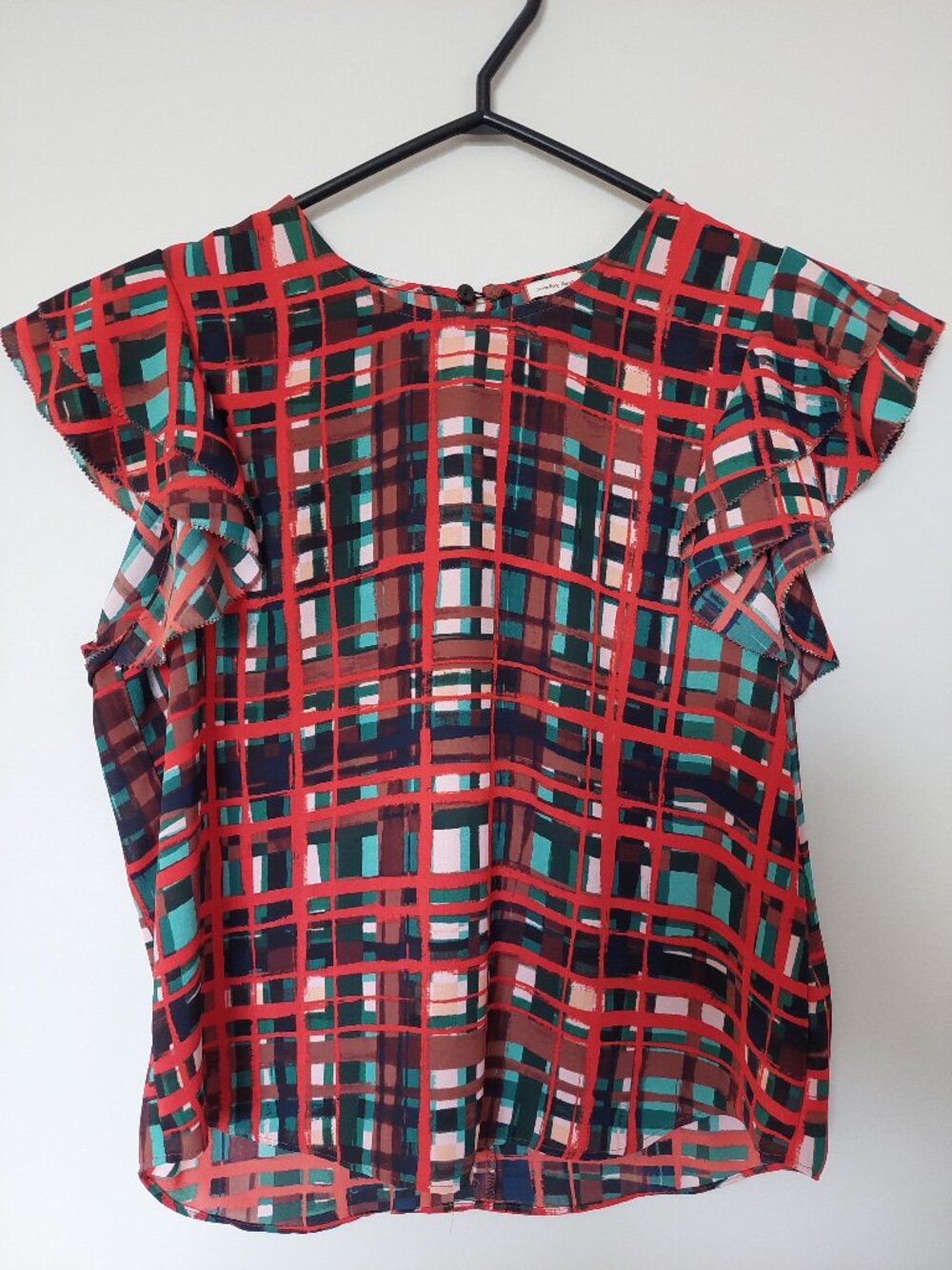 Sunday Best Size XS flutter sleeve top plaid pattern in red Multi color